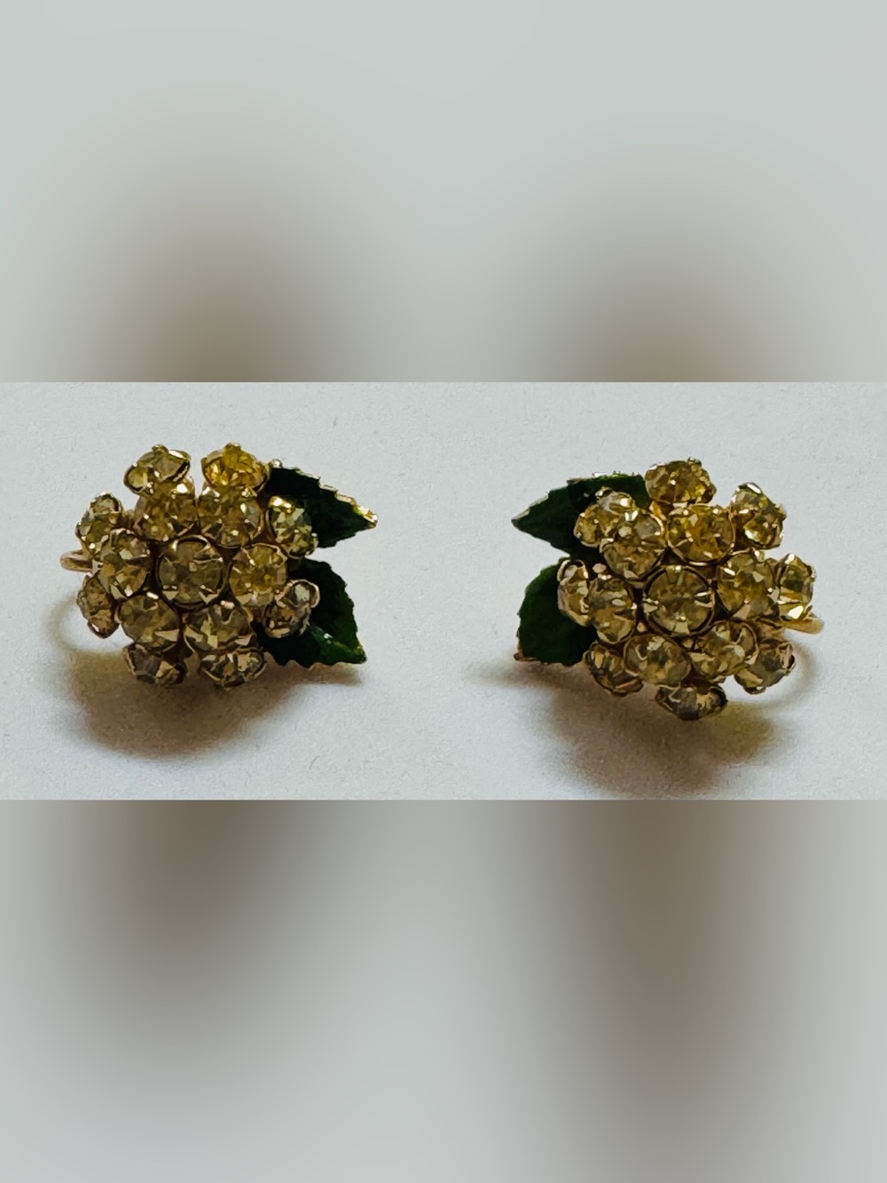 Vintage Rhinestone Clip-On Earrings with green enamel - Picture 3 of 8